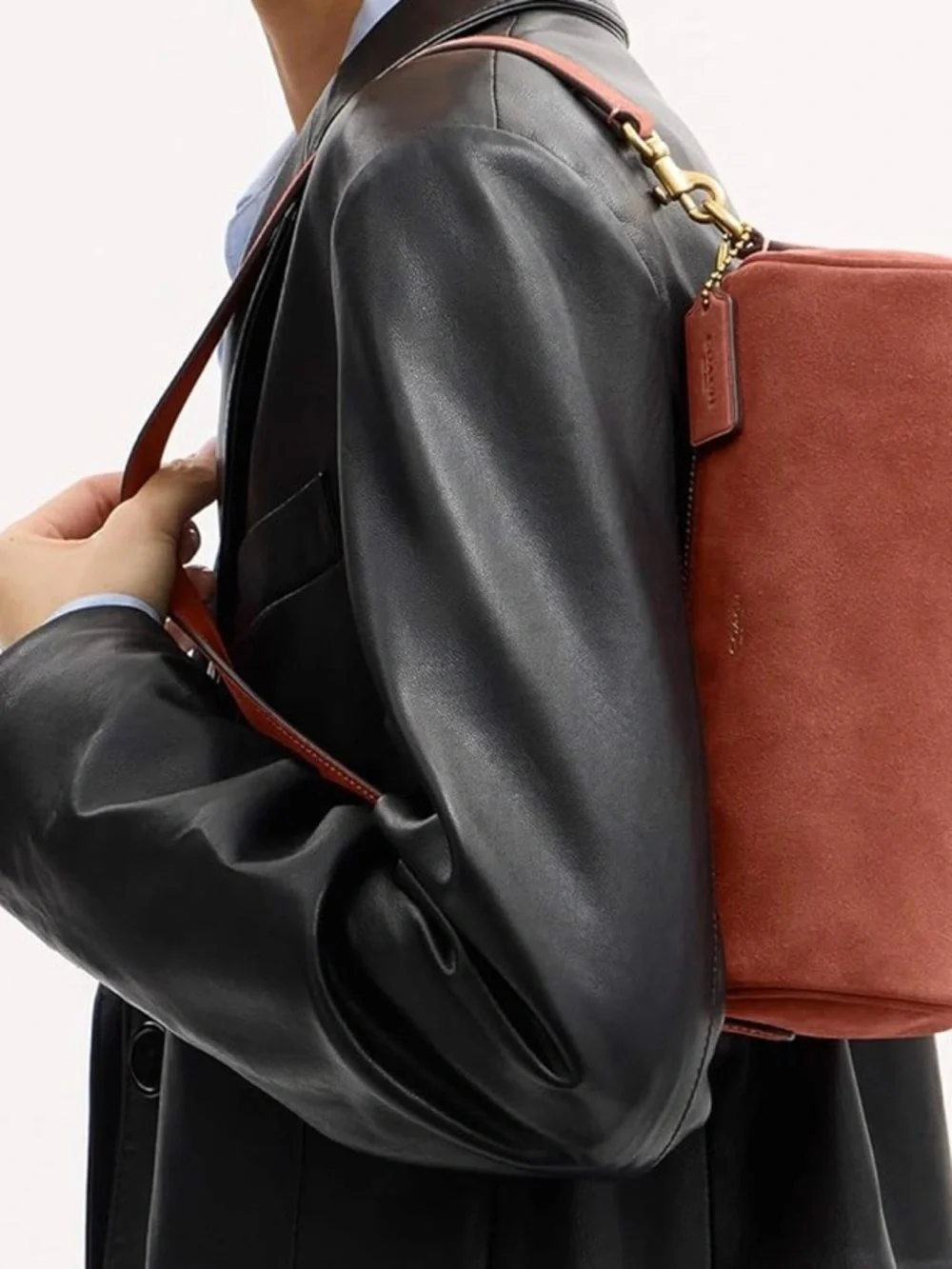 Coach Suede Barrel Shoulder Bag in Rust Brown with Gold Hardware